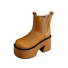 Round Toe Chunky Heels Platforms Ankle Highs Chelsea Boots - Yellow