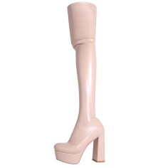 Round Toe Chunky Heels Platforms Side Zipper Over The Knees Thigh Highs Boots - Beige Faux Leather