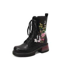 Round Toe Chunky Heels Platforms Ankle LaceUp Floral Embroidery Boots with Side Zipper - Black
