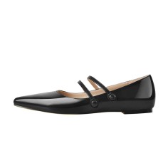 Pointed Toe Double Buckle Straps Mary Jane Elegant Flats - Black Blue