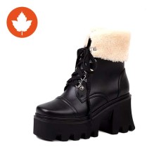 Round Toe Chunky Heels Lace Up Autumn Boots - Black Faux Leather