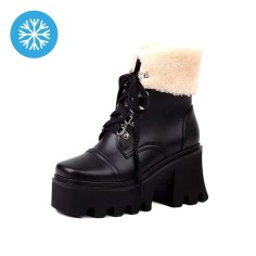 Round Toe Chunky Heels Lace Up Winter Boots - Black Faux Leather