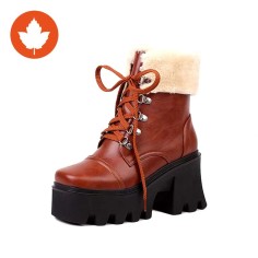 Round Toe Chunky Heels Lace Up Autumn Boots - Brown Faux Leather
