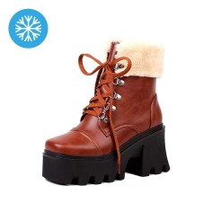 Round Toe Chunky Heels Lace Up Winter Boots - Brown Faux Leather