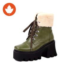 Round Toe Chunky Heels Lace Up Autumn Boots - Green Faux Leather