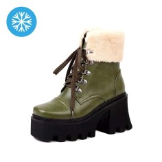 Round Toe Chunky Heels Lace Up Winter Boots - Green Faux Leather