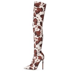 Pointed Toe Stiletto Heels Over The Knee Side Zipper Microfiber Boots - Brown