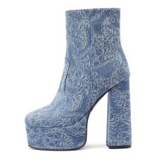 Round Toe Chunky Heels Ankle Highs Side Zipper Flower Printed Platforms Boots - LightBlue Fabric