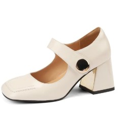 Square Toe Chunky Heels Mary Janes Buckle Straps Vintage Pumps - Beige