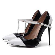 Pointed Toe Stiletto Heels Buckle T Straps French Maid Mary Janes Pumps - Black