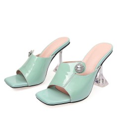 Peep Toe Crystal Buckle Transparent Spike Heels Sandals Slippers - Green - Size 15 - SPECIAL