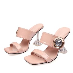 Peep Toe Rhinestones Line Double Straps Transparent Spike Heels Sandals Slippers - Apricot Tan