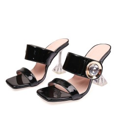 Peep Toe Rhinestones Line Double Straps Transparent Spike Heels Sandals Slippers - Black - Size 15 - SPECIAL