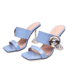 Peep Toe Rhinestones Line Double Straps Transparent Spike Heels Sandals Slippers - Blue