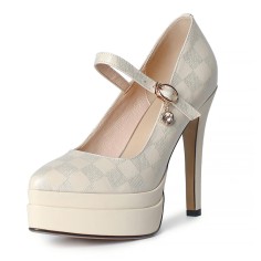 Chunky Heels Pointed Toe Mary Janes Checkered Platforms Pumps Sandals - Apricot