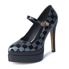 Chunky Heels Pointed Toe Mary Janes Checkered Platforms Pumps Sandals - Black
