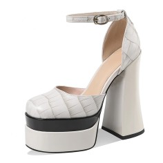Chunky Heels Square Toe Ankle Buckle Straps Platforms Pumps Sandals - Beige
