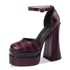 Chunky Heels Square Toe Ankle Buckle Straps Platforms Pumps Sandals - Burgundy