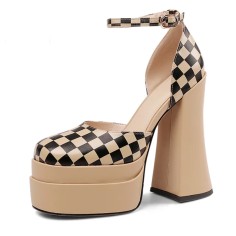 Chunky Heels Square Toe Ankle Buckle Straps Checkered Platforms Pumps Sandals - Apricot