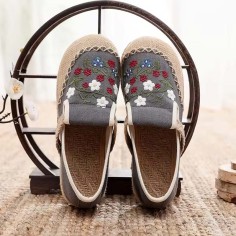 Round Toe Linen Retro Bohemian Slip On Embroidered Help Flats Loafers - Gray Cotton