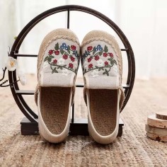 Round Toe Linen Retro Bohemian Slip On Embroidered Help Flats Loafers - White Cotton