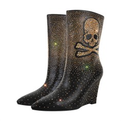 Pointed Toe Shiny Skull Ankle Highs Wedges Boots - Black