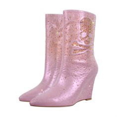 Pointed Toe Shiny Skull Ankle Highs Wedges Boots - Pink