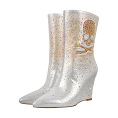 Pointed Toe Shiny Skull Ankle Highs Wedges Boots - White