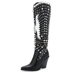 Pointed Toe Chunky Heels Rhinestones Crystals Cowboy Western Knee Highs Boots - Black