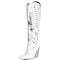 Pointed Toe Chunky Heels Rhinestones Crystals Cowboy Western Knee Highs Boots - White