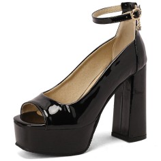 Peep Toe Ankle Buckle Straps Chunky Heels Platforms Pumps - Black