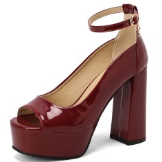Peep Toe Ankle Buckle Straps Chunky Heels Platforms Pumps - Wine Red