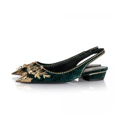 Pointed Toe Metal Decorated Stiletto Heels Silk Slingback Flats Sandals - Green