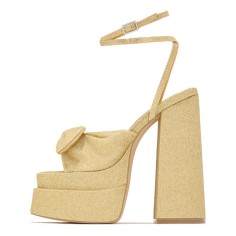 Peep Toe Butterfly Knot Ankle Gladiator Buckle Straps Chunky Heels Platforms Glitters Sandals - Gold