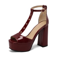 Peep Toe Ankle Buckle TStraps Platforms Chunky Heels Summer Pumps - Wine Red