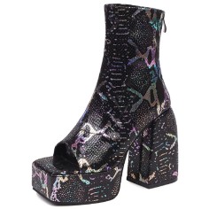 Peep Toe Snake Print Platforms Ankle Highs Short Back Zipper Chunky Heels Summer Boots - Black