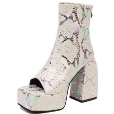 Peep Toe Snake Print Platforms Ankle Highs Short Back Zipper Chunky Heels Summer Boots - White