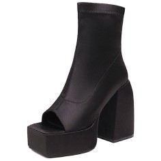 Peep Ankle High Back Zipper Chunky Heels Platforms Satin Pumps Boots - Black