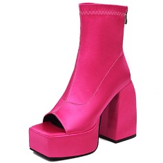 Peep Ankle High Back Zipper Chunky Heels Platforms Satin Pumps Boots - Rose Red