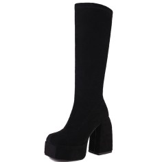 Round Toe Knee Highs Chunky Heels Side Zipper Platforms Super Sexy Suede Boots - Black