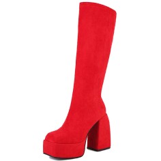 Round Toe Knee Highs Chunky Heels Side Zipper Platforms Super Sexy Suede Boots - Red