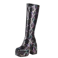 Square Toe Chunky Heels Knee Highs Snake Prints Side Zip Platforms Boots - Black Faux Leather