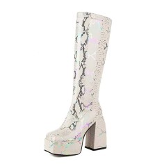 Square Toe Chunky Heels Knee Highs Snake Prints Side Zip Platforms Boots - White Faux Leather