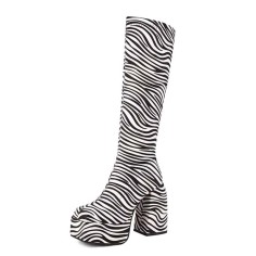 Square Toe Chunky Heels Knee Highs Zebra Prints Side Zip Platforms Boots - White Black Faux Leather