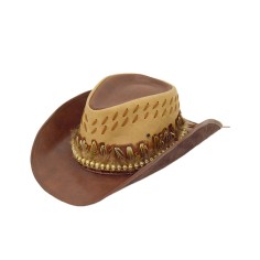 Western Native Feather Designed Cowboy Cowgirl Leather Hats - Brown