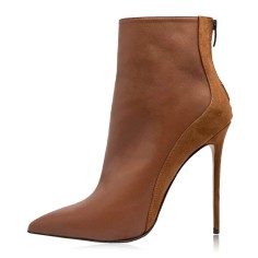 Pointed Toe Stiletto Heels Back Zipper Ankle High Booties - Brown