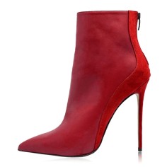 Pointed Toe Stiletto Heels Back Zipper Ankle High Booties - Red