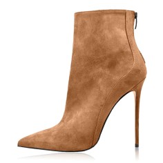 Pointed Toe Stiletto Heels Back Zipper Ankle High Booties - Tan
