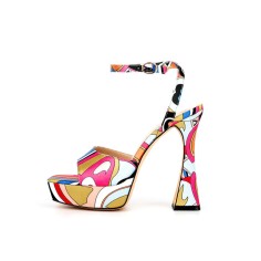 Peep Toe Platforms Ankle Buckle Straps Chunky Heels Sequins Multicolor Sandals Pumps - Blue Yellow