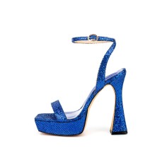 Peep Toe Platforms Ankle Buckle Straps Chunky Heels Sequins Platform Sandals Pumps - Blue